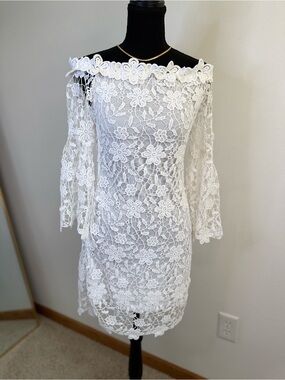 Auxo Collection White Floral Lace Off Shoulder Dress Size S Bell Sleeve